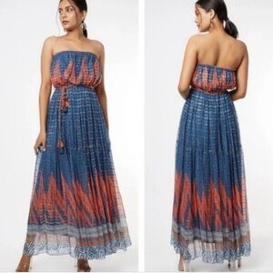 Verb Anthropologie Strapless Blue & Orange Maxi Dress